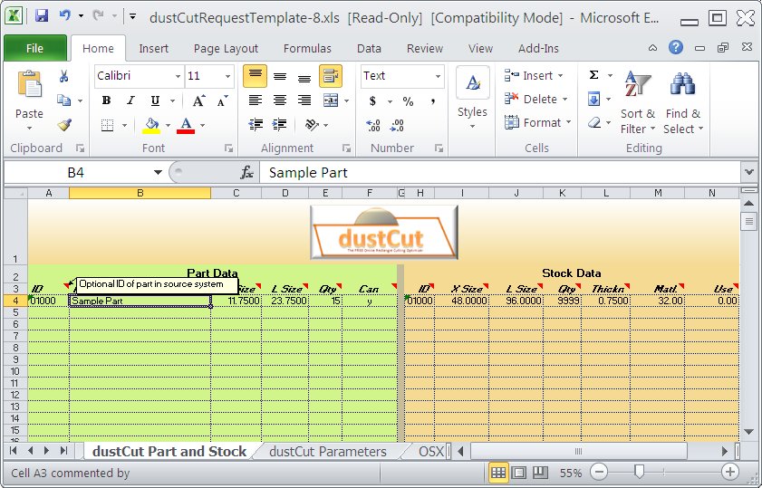 Screenshot of The Part and Stock Worksheet of the dustCut Request Form