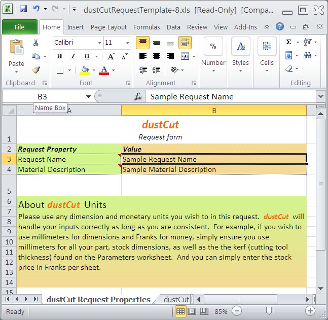 Screenshot of The Request Properties Worksheet of the Panel Genie Request Form